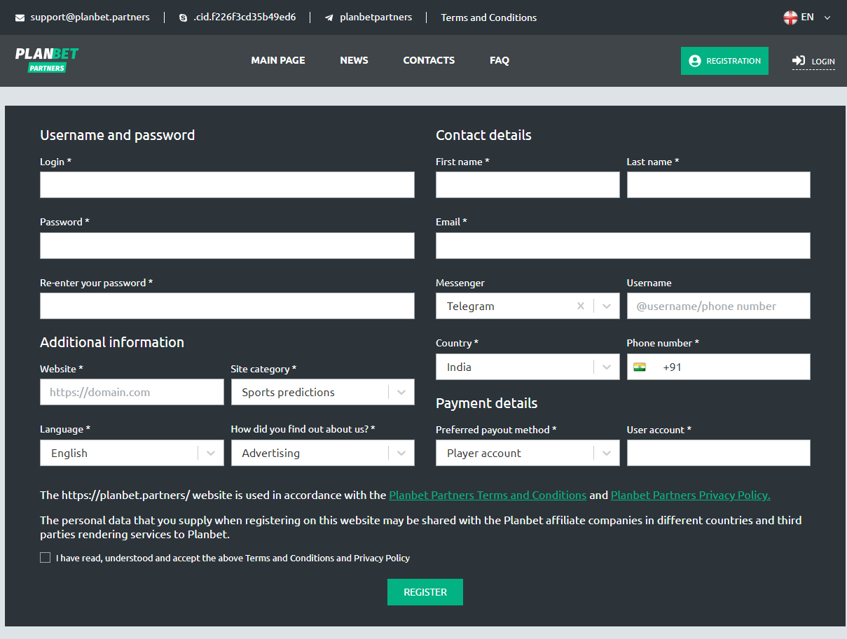 Planbet Partners registration